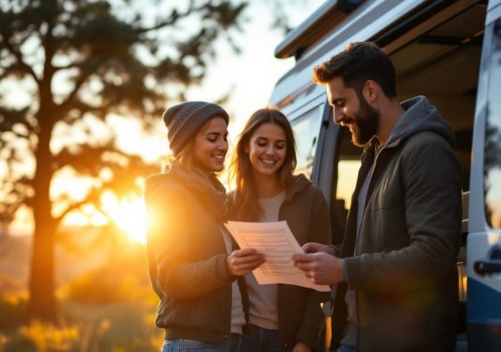 Un couple examine un camping-car d'occasion en plein air, consultant une checklist imprimée, lumière douce du coucher de soleil, ambiance naturelle et réaliste, détails visibles de la carrosserie et de l'intérieur.