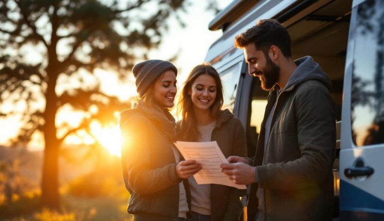 Un couple examine un camping-car d'occasion en plein air, consultant une checklist imprimée, lumière douce du coucher de soleil, ambiance naturelle et réaliste, détails visibles de la carrosserie et de l'intérieur.