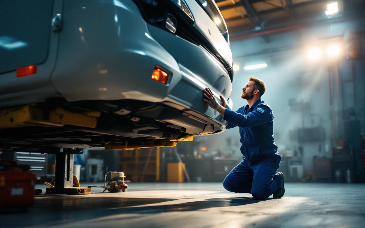 Un mécanicien en combinaison bleue inspecte le dessous d'un camping-car levé sur un pont élévateur dans un garage. Lumière LED vive et projecteur ambre créent des rayons volumétriques, outils et caisse à outils à proximité, sol en béton et atmosphère légèrement poussiéreuse.