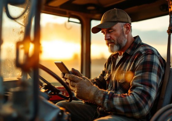 Un fermier dans la cabine d'un tracteur commande des pièces en ligne sur une tablette, portant des gants boueux, avec une boîte à outils et des pièces visibles à l'arrière-plan, baigné par une lumière chaude de coucher de soleil traversant la cabine.