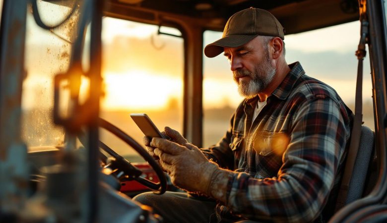 Un fermier dans la cabine d'un tracteur commande des pièces en ligne sur une tablette, portant des gants boueux, avec une boîte à outils et des pièces visibles à l'arrière-plan, baigné par une lumière chaude de coucher de soleil traversant la cabine.