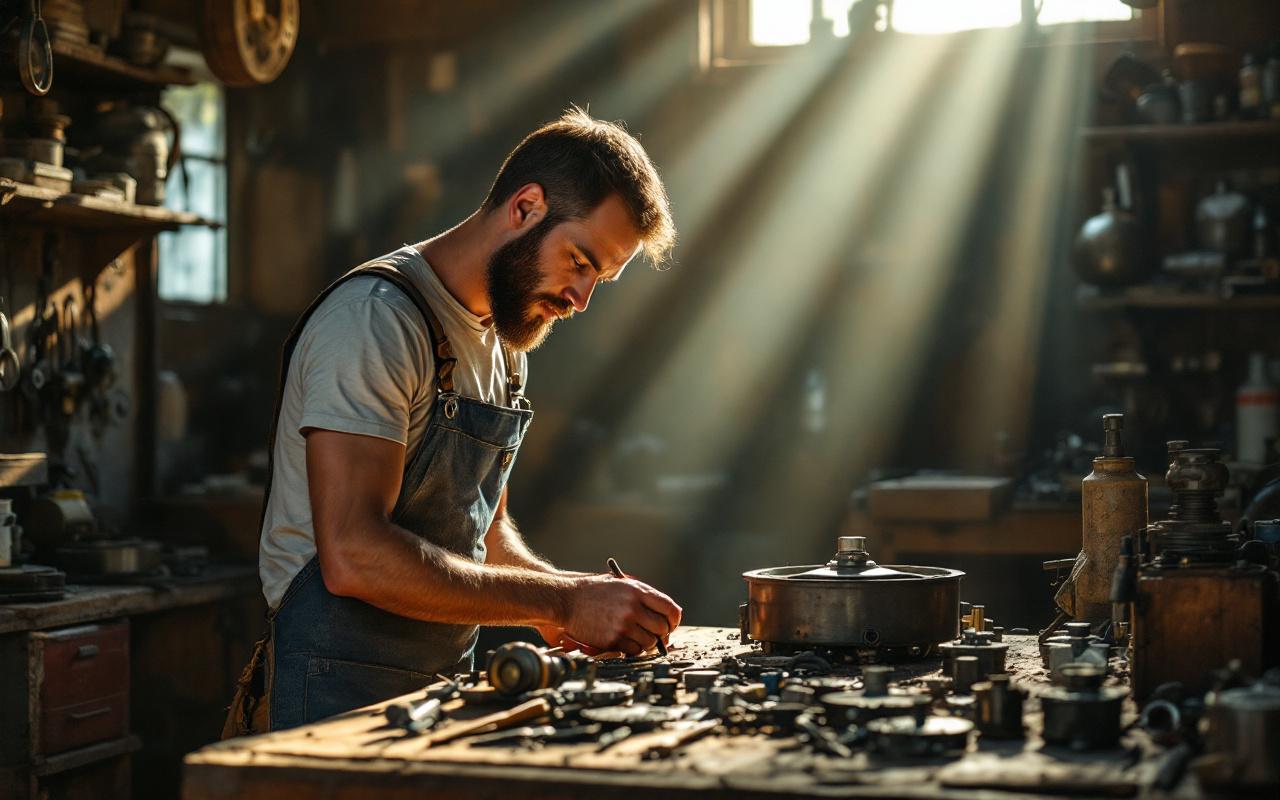 Un mécanicien vérifie des pièces détachées de tracteur dans un atelier de ferme rustique, lumière matinale douce traversant la poussière, établi en bois avec outils et pièces métalliques, ambiance naturelle et réaliste.