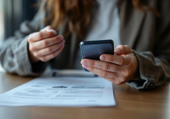 Une femme compare une annonce sur smartphone tout en tenant des documents de voiture, ambiance réaliste et journalistique.