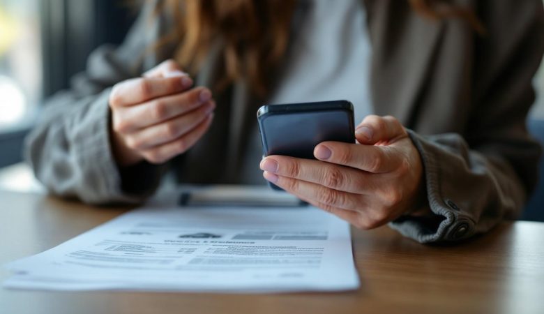 Une femme compare une annonce sur smartphone tout en tenant des documents de voiture, ambiance réaliste et journalistique.