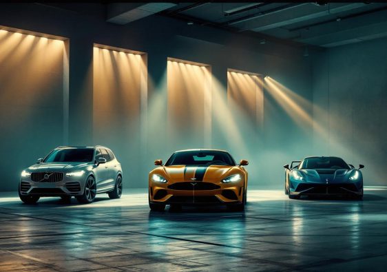 Garage automobile premium inspiré de Monaco, éclairage cinématographique, avec un SUV de luxe, un break sportif et une supercar alignés sur un sol en béton poli.