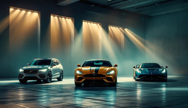 Garage automobile premium inspiré de Monaco, éclairage cinématographique, avec un SUV de luxe, un break sportif et une supercar alignés sur un sol en béton poli.
