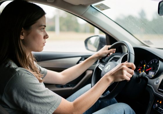 Intérieur d’une voiture avec le tableau de bord allumé, et une jeune femme concentrée au volant pendant un examen du permis B.