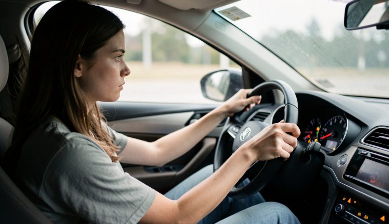 Intérieur d’une voiture avec le tableau de bord allumé, et une jeune femme concentrée au volant pendant un examen du permis B.