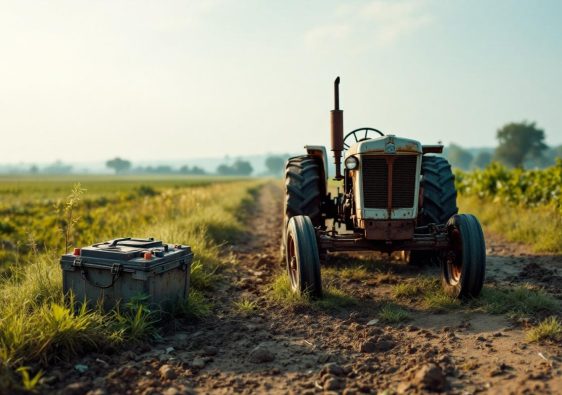 Photo documentaire d’un tracteur sur une exploitation agricole, avec une batterie usagée déposée à proximité du chemin et une lumière naturelle au sol.