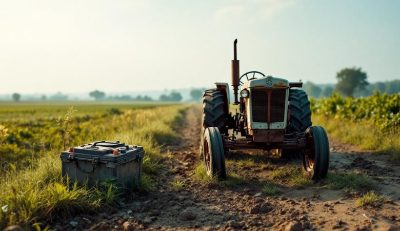 Photo documentaire d’un tracteur sur une exploitation agricole, avec une batterie usagée déposée à proximité du chemin et une lumière naturelle au sol.