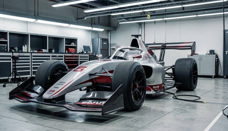 Monoplace de Formule 1 de nouvelle génération vu de trois quarts dans un stand moderne, avec ses ailerons actifs visibles et une ambiance technique réaliste.