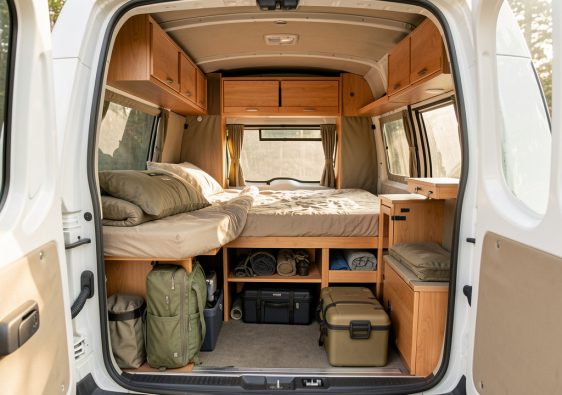 Intérieur d’un fourgon aménagé avec rangements en bois, lit pliable et matériel de voyage soigneusement organisé.