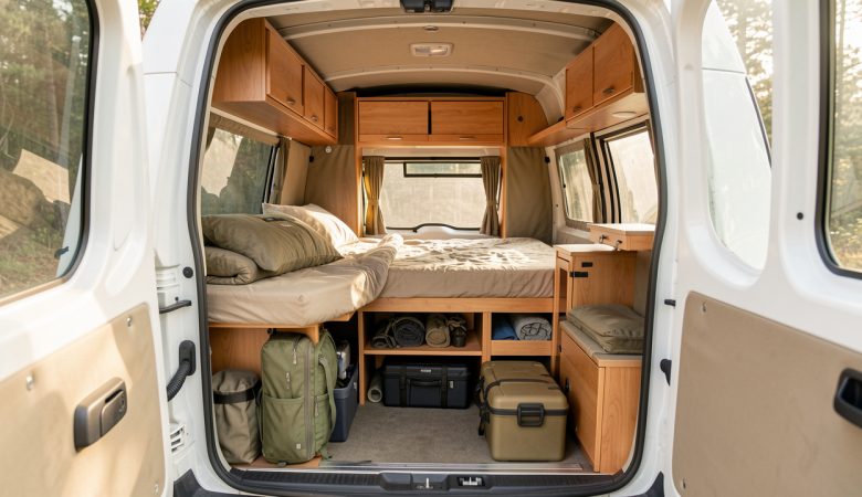 Intérieur d’un fourgon aménagé avec rangements en bois, lit pliable et matériel de voyage soigneusement organisé.