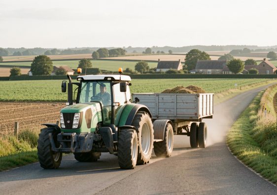 Tracteur agricole attelé à une remorque circulant à vitesse stabilisée sur une route de campagne au milieu d’un paysage d’exploitation française.
