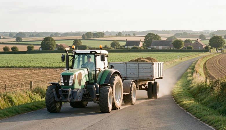Tracteur agricole attelé à une remorque circulant à vitesse stabilisée sur une route de campagne au milieu d’un paysage d’exploitation française.