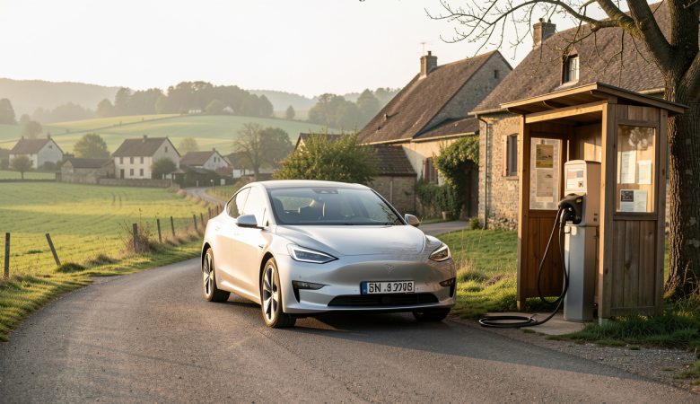Voiture électrique roulant sur une route rurale puis stationnée près d’une borne de recharge publique dans un paysage de campagne.