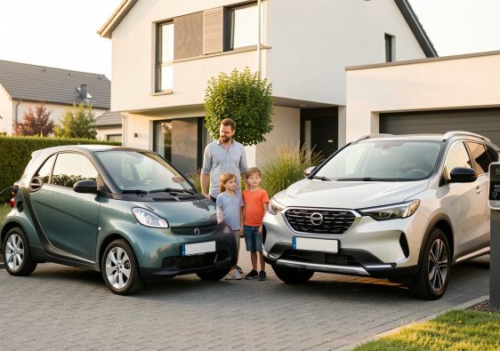 Une famille française composée d’un homme, d’une femme et de deux enfants se tient devant une voiture électrique compacte et un SUV hybride, près d’une maison périurbaine équipée d’une borne de recharge discrète.