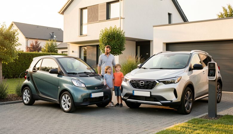 Une famille française composée d’un homme, d’une femme et de deux enfants se tient devant une voiture électrique compacte et un SUV hybride, près d’une maison périurbaine équipée d’une borne de recharge discrète.
