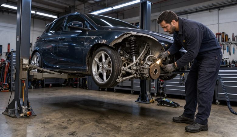 Voiture compacte tunée sur un pont d’atelier, avec un mécanicien inspectant la suspension et les jantes dans un garage réaliste.